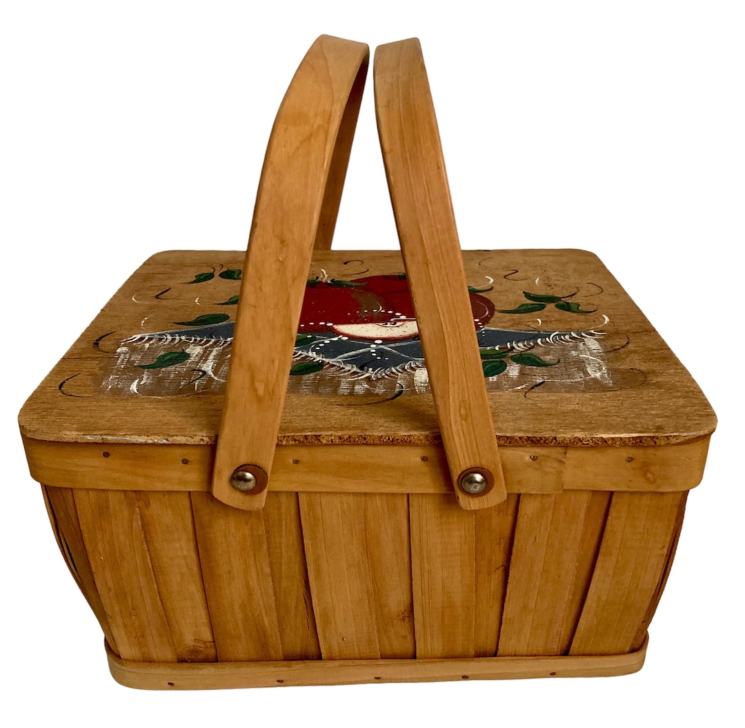 Rustic Wood Picnic Basket Vintage Decorative Hand Painted Apple Design ...