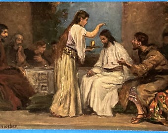 Carte postale ancienne ALLEMAGNE Sainte Écriture Art de Robert Leinweber Jésus à Béthanie