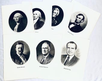 Portfolio de portraits anciens des présidents, gravés, de Washington à Nixon