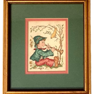 Vintage Hummel Design Completed Framed Cross Stitch Boy with Flute Little Tooter