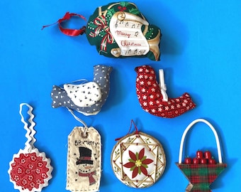 7 Vintage Rustic Fabric Ornaments Country Calico Birds Ricrac Trim Apple Basket