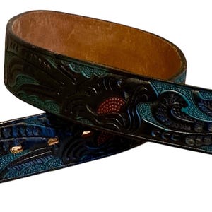 Vintage Tooled Belt WESTERN Leather 28/29 Steerhide Hand Painted FLORAL Rodeo