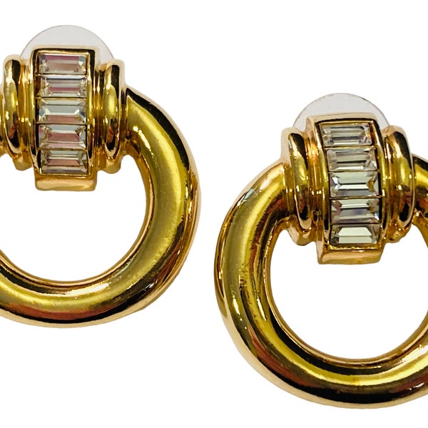 Round Hoop Shaped Earrings Clear Reflective  Gem Detail Gold Tone Post Back