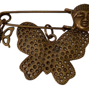 Vintage Brass Safety Pin Brooch Buddha Head Hanging Butterfly Charms RARE