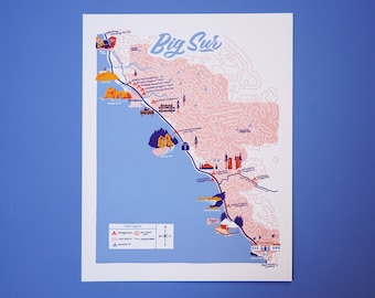 Monterey Bay to Big Sur, California Coast, Letterpress Printed Map ...