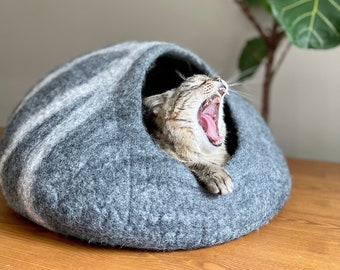 Wool Cat Cave / Cat Bed / Cat House/ Felted Wool/ Felt Cat Cave/ Large Cat Cave/ Best Cat Gift/ Gray Wool Cat Cave- Fast Shipping from US