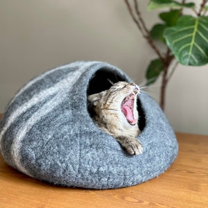 Wool Cat Cave / Cat Bed / Cat House/ Felted Wool/ Felt Cat Cave/ Large Cat Cave/ Best Cat Gift/ Gray Wool Cat Cave- Fast Shipping from US
