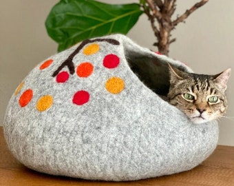 EXTRA LARGE  21” Wool Cat Cave / Cat House/ Felted Wool Gray Cat Cave/ Large Cat Bed/ Best Cat Gift- Fast Shipping from US