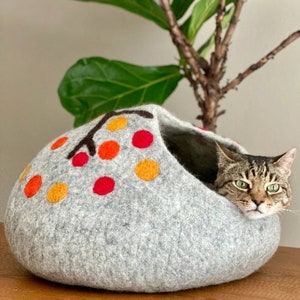 EXTRA LARGE  21” Wool Cat Cave / Cat House/ Felted Wool Gray Cat Cave/ Large Cat Bed/ Best Cat Gift- Fast Shipping from US