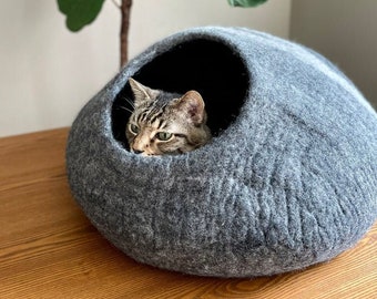 EXTRA LARGE  21” Wool Cat Cave, Wool Cat House, Felted Wool Gray Cat Cave, Large Wool Cat Bed, Best Cat Gift- Fast Shipping from US