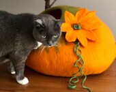PUMPKIN Cat Cave, Felt Wool Cat Cave, Cat Bed, Felt Cat Cave, Cat Cocoon, Cat house, Cat Hideout, 100 Sheep Wool Cat Cave- Shipping from US