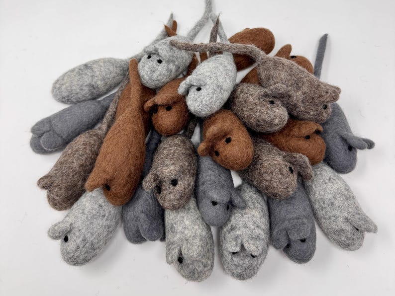 K&ouml;nnte beinhalten: Eine Ansammlung handgefertigter Filzm&auml;use in verschiedenen Grau- und Braunt&ouml;nen. Jede Maus hat kleine schwarze Augen und einen langen Schwanz. Die M&auml;use sind auf wei&szlig;em Hintergrund angeordnet.