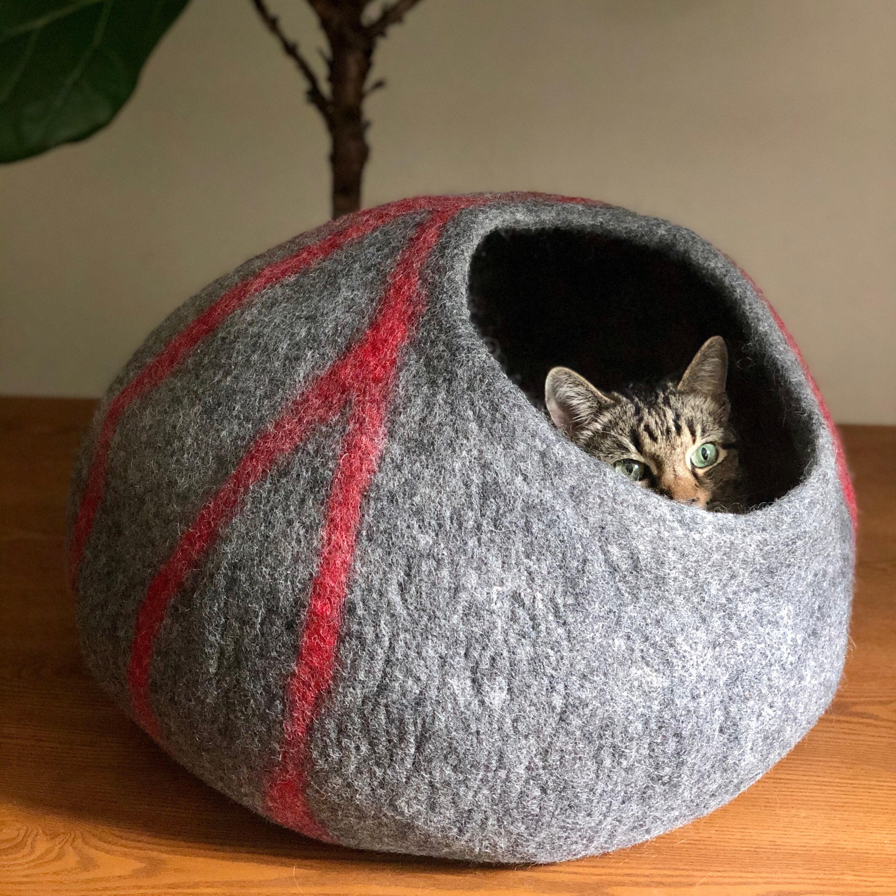 grande grotte pour chat en laine/lit fait main cabane feutrée animal de compagnie à ingrédients naturels grotte gris cocon chat