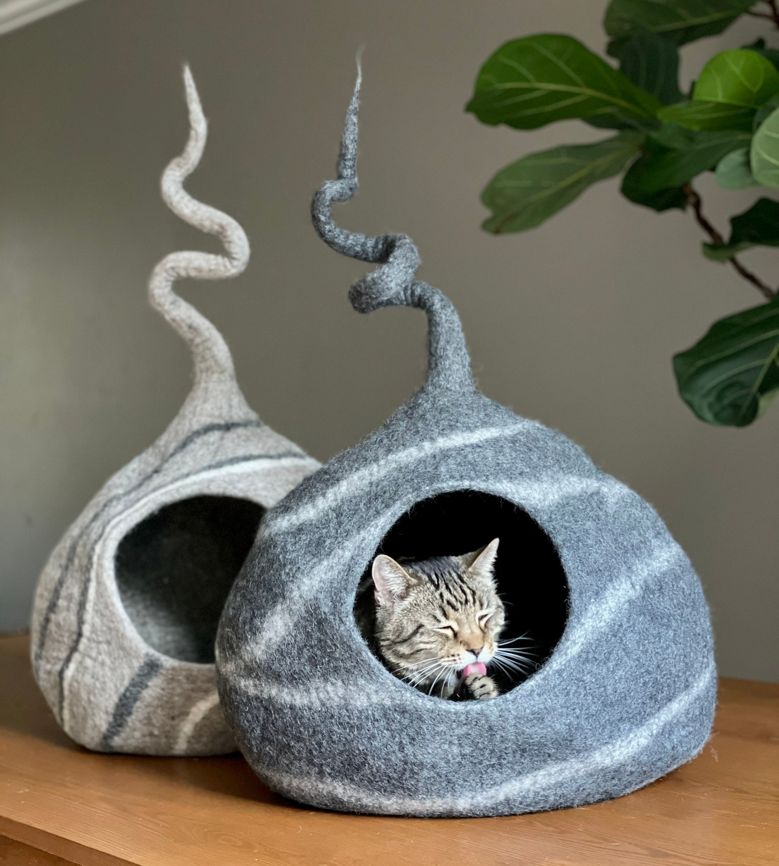 Gray CURLY TAIL Large Cat Cave Wool Cat Cave Felted Wool Cat Etsy