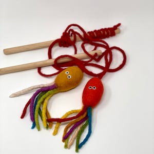 May include: Two handmade cat toys. One is yellow, the other is orange, both with googly eyes and colorful felt tentacles. They are attached to wooden dowels with red yarn. A fun and engaging toy for cats.
