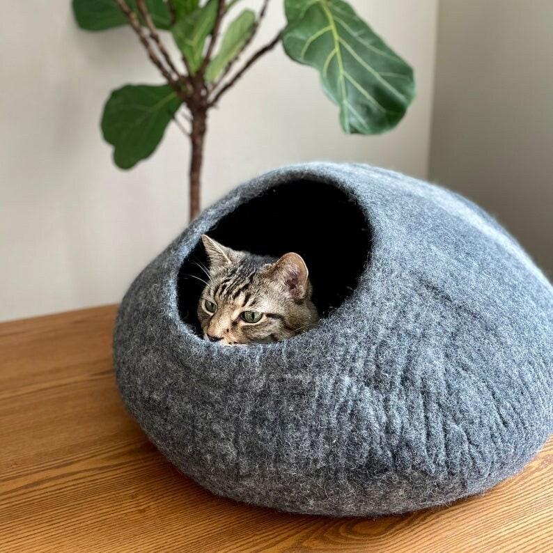 EXTRA LARGE 21 Wool Cat Cave, Wool Cat House, Felted Wool Gray Cat Cave, Large Wool Cat Bed, Best Cat Gift Fast Shipping from US image 1