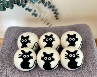 Reusable Wool Dryer Balls, 100 % Wool Balls, Natural Fabric Softener Balls, Cat Lover Gifts, Black Cat Ornament Wool Balls