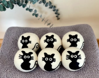 Reusable Wool Dryer Balls, 100 % Wool Balls, Natural Fabric Softener Balls, Cat Lover Gifts, Black Cat Ornament Wool Balls