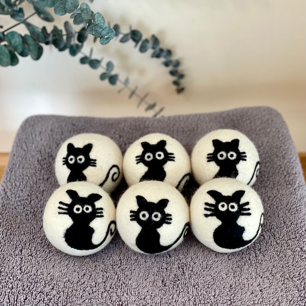 Reusable Wool Dryer Balls, 100 % Wool Balls, Natural Fabric Softener Balls, Cat Lover Gifts, Black Cat Ornament Wool Balls