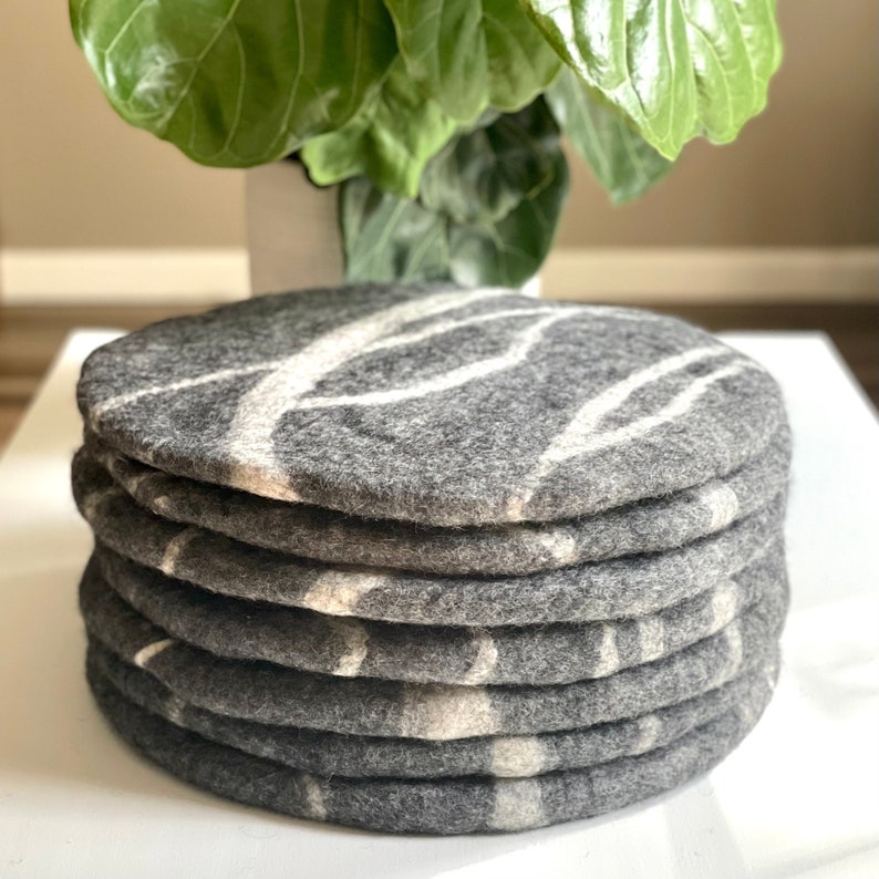 Large wool chair pads, gray with white stripes wool cushions