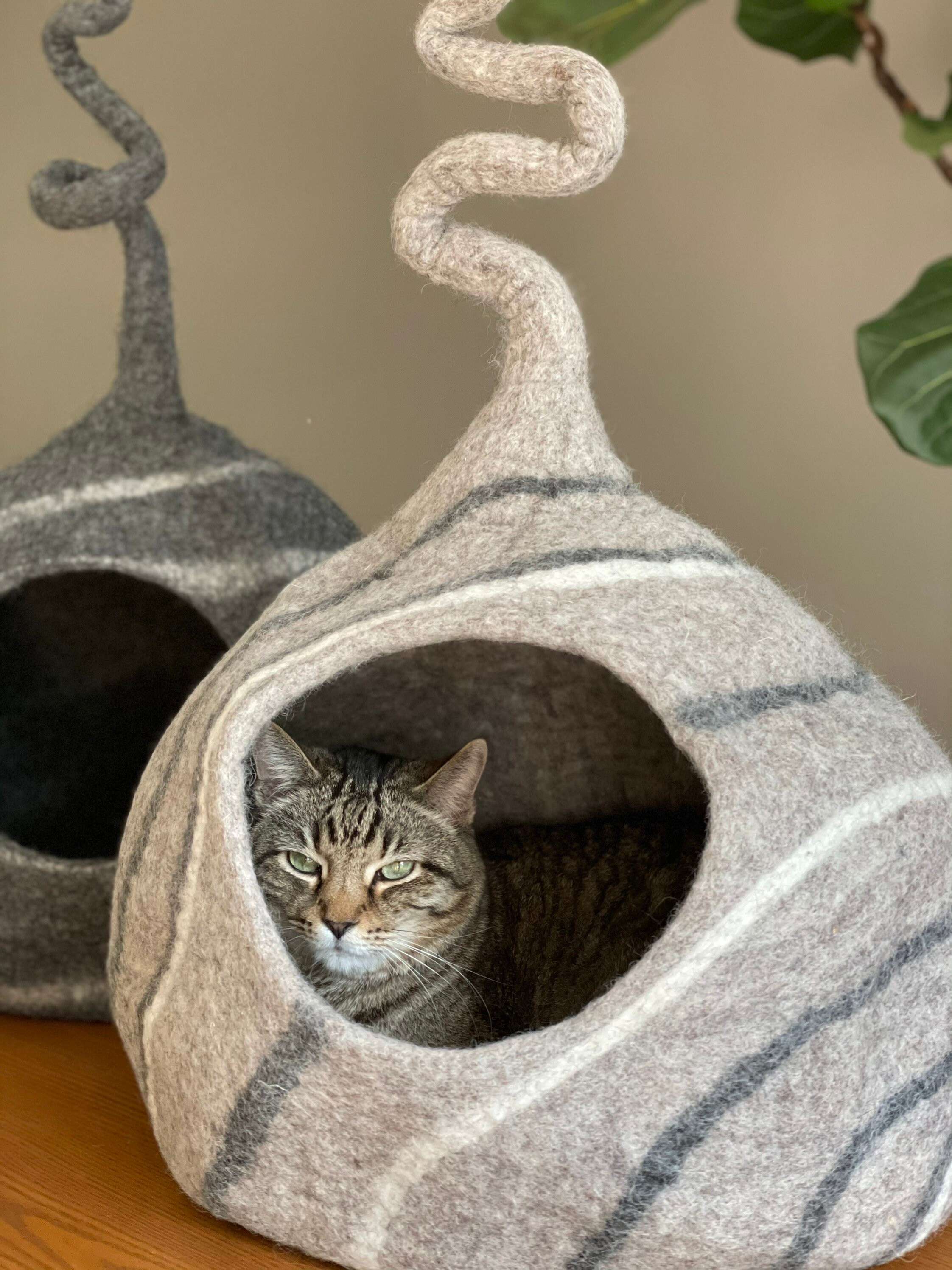 Beige CURLY TAIL Cat Cave Large Wool Cat Cave Felted Wool Etsy