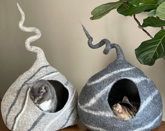 Large Cat Cave, Wool Cat Cave, Felted Wool Cat House, Wool Cat Bed , Gray Striped Wool Cat Cave, Modern Cat Bed, Cat Cocoon