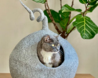 Gray Cat Cave, Large Wool Cat Cave, Felted Wool Cat House, Wool Cat Bed, Gray Wool Cat Cave, Modern Cat Bed, Cat Cocoon