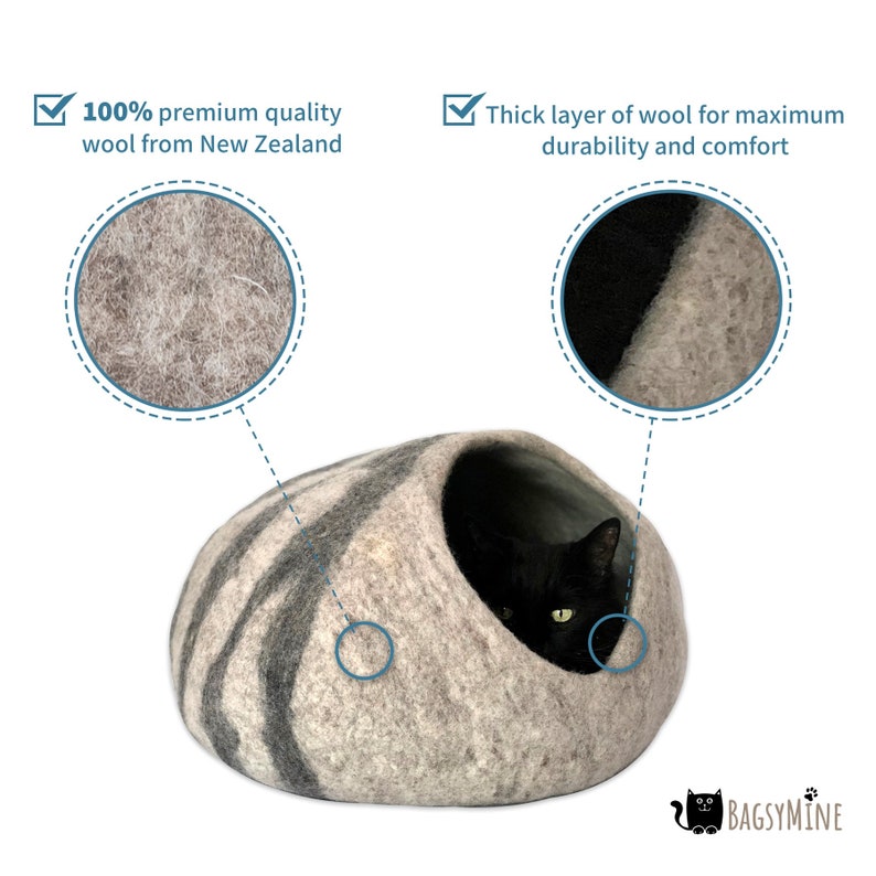 May include: A gray and black striped felt cat bed with a black cat inside. The bed is shaped like a cave and has a thick layer of wool for comfort. The text "BAGSYMINE" is visible in the lower right corner.