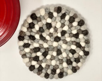 Felted Ball Trivet For Hot Dishes/ 100% Wool Trivet/  Felted Pebbles Trivet/ Wool Pot Holder/ Felt Potholder  - Gray/Brown/White Wool Mat