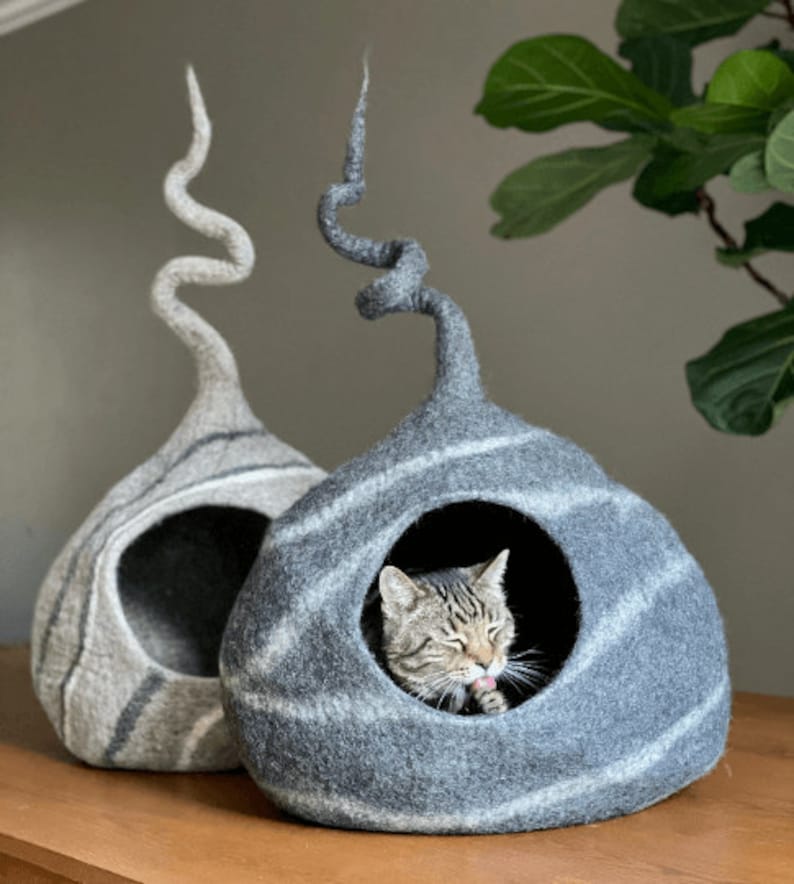 Large Cat Cave, Wool Cat Cave, Felted Wool Cat House, Wool Cat Bed , Gray Striped Wool Cat Cave, Modern Cat Bed, Cat Cocoon image 3