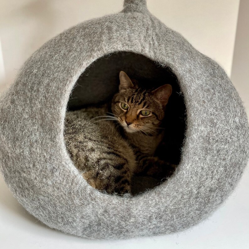 Gray Cat Cave Large Wool Cat Cave Felted Wool Cat House Etsy