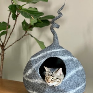 Large Cat Cave, Wool Cat Cave, Felted Wool Cat House, Wool Cat Bed , Gray Striped Wool Cat Cave, Modern Cat Bed, Cat Cocoon image 7