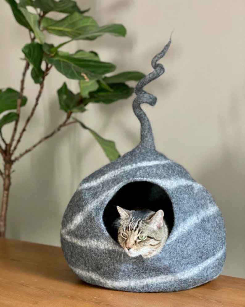 Large Cat Cave, Wool Cat Cave, Felted Wool Cat House, Wool Cat Bed , Gray Striped Wool Cat Cave, Modern Cat Bed, Cat Cocoon image 7