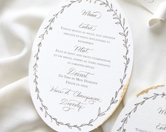 Menu baroque ovale pour mariage ou baptême