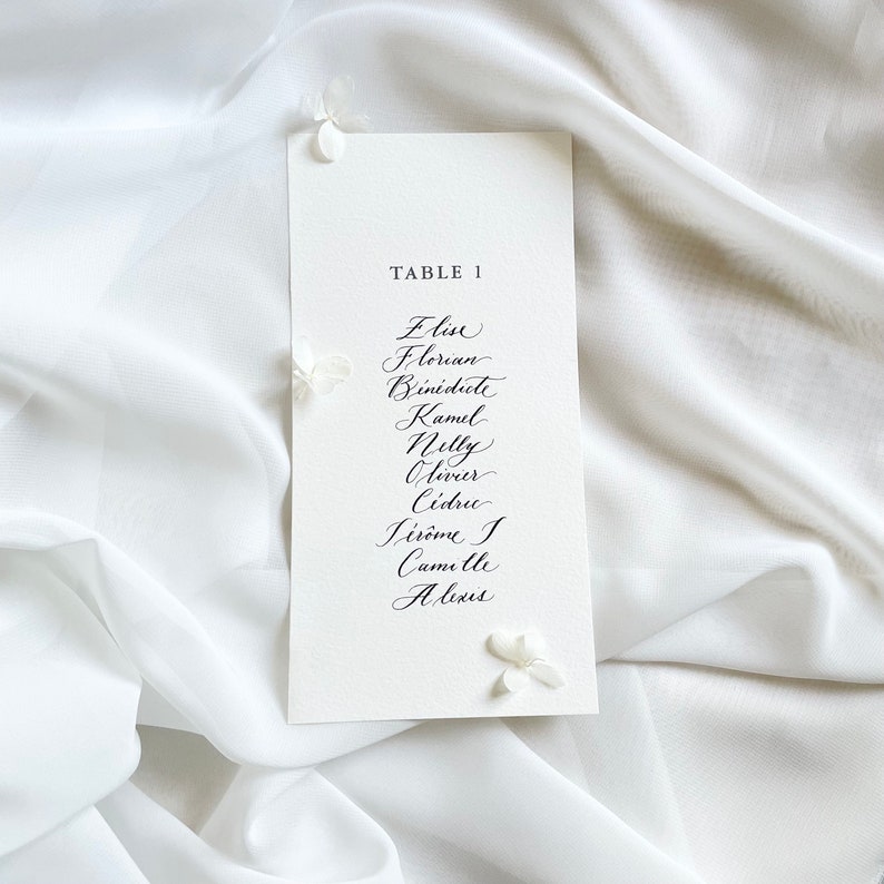 May include: A white card with black calligraphy listing the names "Elise, Florian, B&eacute;n&eacute;dicte, Kamil, Nelly, Olivier, C&eacute;dric, J&eacute;r&ocirc;me, Camille, Alexis" and the text "TABLE 1".