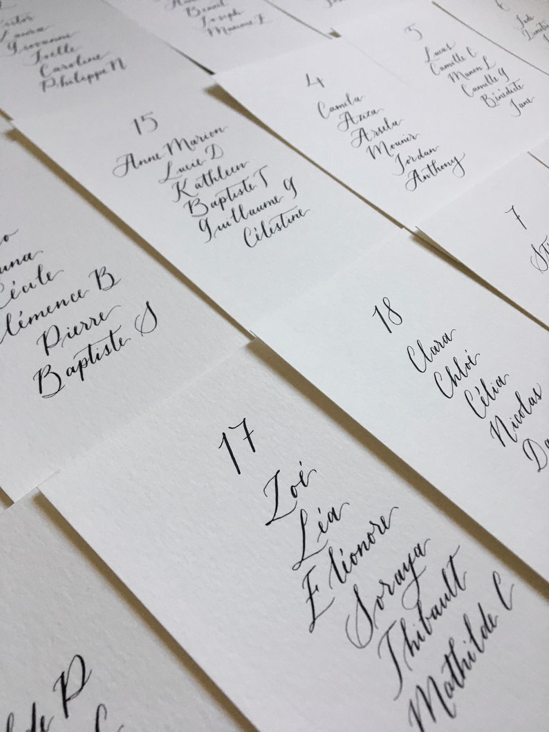 May include: A close-up of a set of white cards with black calligraphy. Each card has a number and a list of names. The numbers range from 1 to 18.