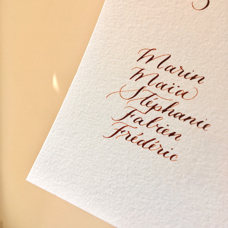 May include: A handwritten list of names in brown ink on a white background. The names are: Marin, Ma&iuml;ca, Stephanie, Fabien, Fr&eacute;d&eacute;ric.