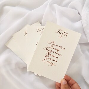 May include: A white card with the text "Table 5" written in cursive script. Below the table number are the names Alexandrine, Diane, Jacqueline, Romain, Romain, and Larry, also written in cursive script.