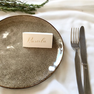 May include: A white place card with the name "Priscilla" written in gold calligraphy on a brown speckled plate with a silver fork and knife on a white tablecloth.