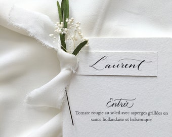 Menu bohème porte nom fleuri pour mariage ou baptême, Menu marque place ensemble