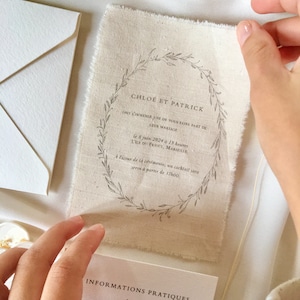 Faire-part de mariage en tissu. Faire-part de mariage en tissu de coton : oeuvre d'art bohème minimaliste
