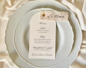 Menu bohème en arche porte nom en tissu pour mariage ou baptême, Menu marque place ensemble