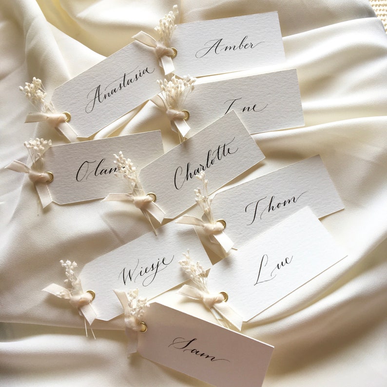 Marque places avec ruban, fleurs séchées et calligraphie fait main Mariage chic élégant image 3