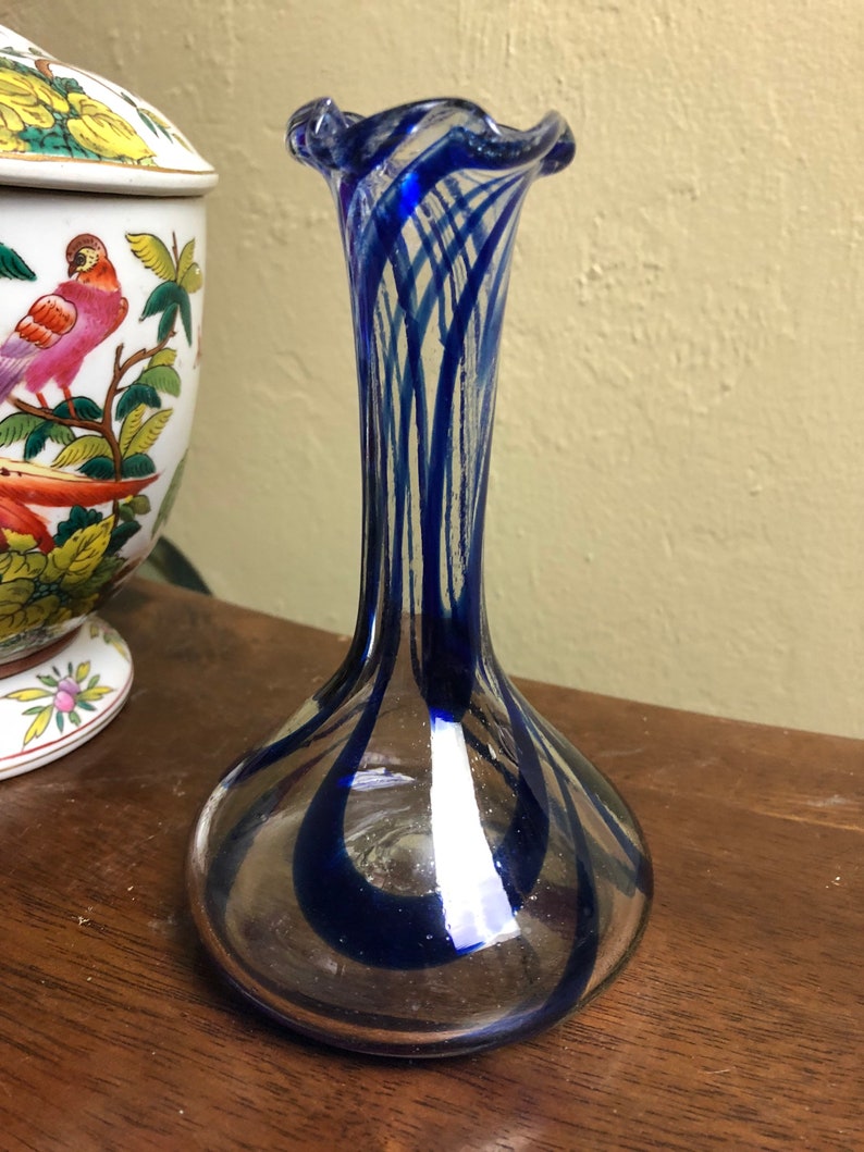 Vintage Hand Blown Clear Glass with Cobalt Blue Swirls