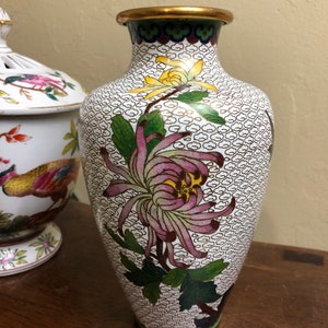 Vintage mid 20th C White Cloisonné Vase with Flowers