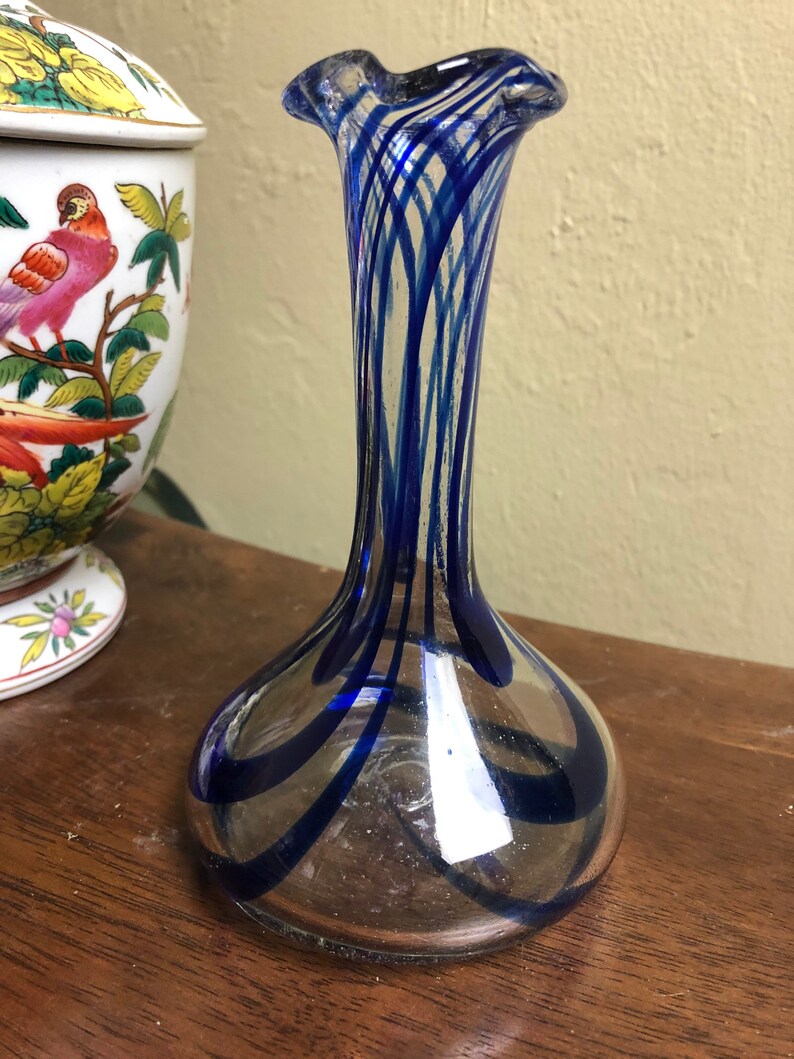 Vintage Hand Blown Clear Glass with Cobalt Blue Swirls