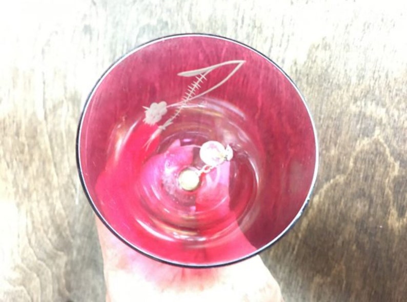 VTG Fine Cranberry Red Crystal Bell With Hand Etched Flower image 2