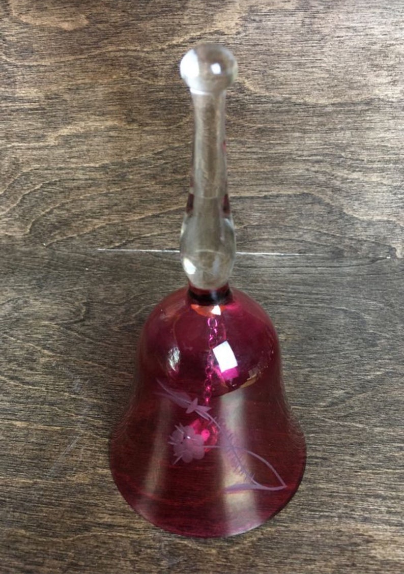 VTG Fine Cranberry Red Crystal Bell With Hand Etched Flower image 4