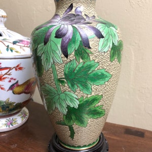 Vintage 1980 Tan/Green Cloisonné Vase
