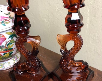 Pair of Rare Deep Amber Dolphin/Koi Candle Sticks